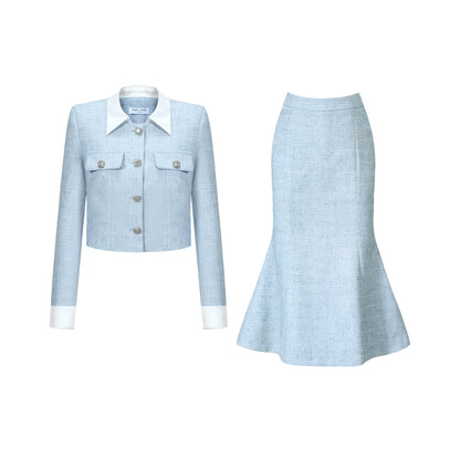 CHICHY blue tweed mermaid long skirt French two-piece set - MADI