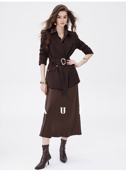 AUI Maillard coffee color high-end satin temperament high-waisted hip skirt - Gyeong.