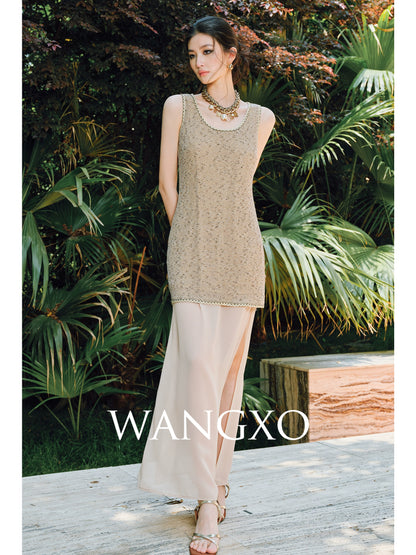 WANGXO | Satin-Stitched Georgette & Stretch Sequin Knit  Suspender Skirt & Vest Skirt Set -LUMA
