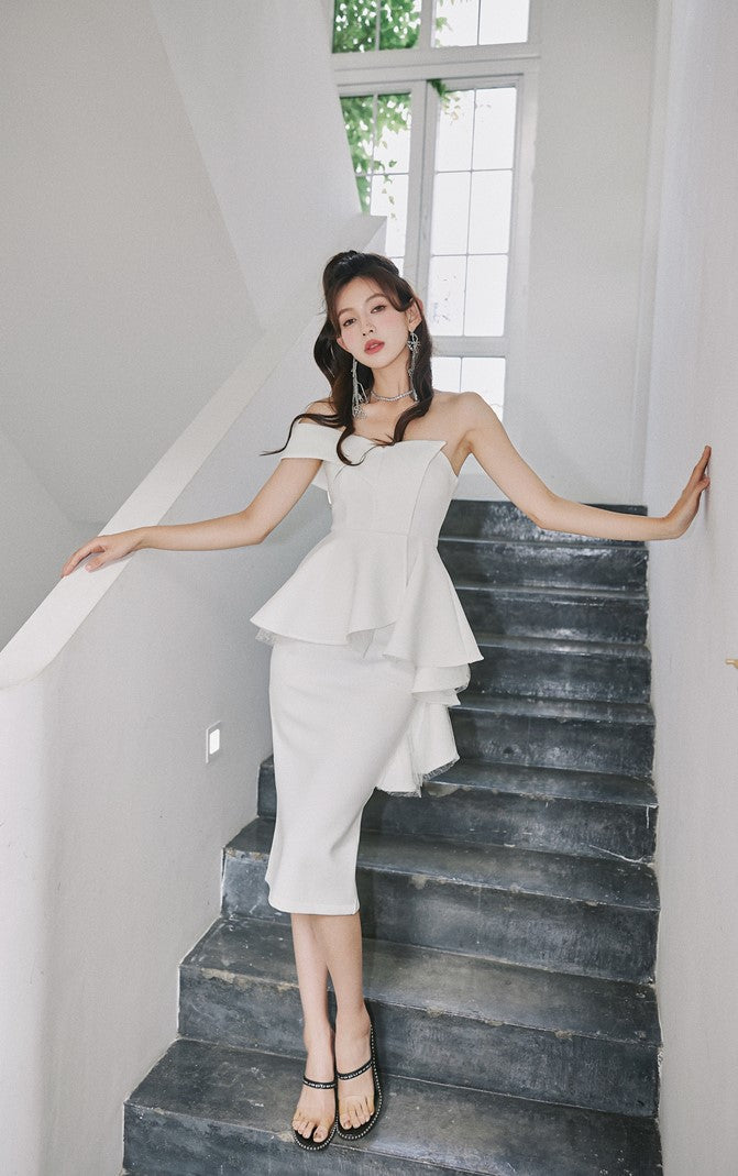 DOLLY High End Ruffled Fake Two Piece French Lace Off Shoulder Midi Office Dress-BRYONY