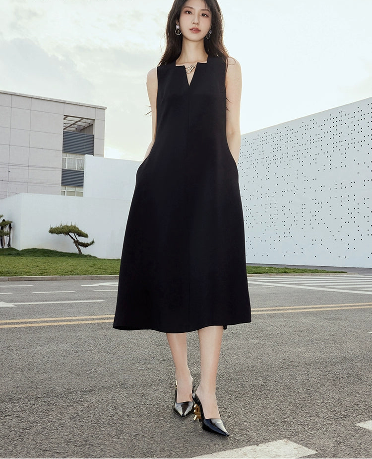 YES BY YESIR | Ye Qians Y-Shaped Metal Snake Accent Deconstructed V-Neck Midi Dress -SABRINA.