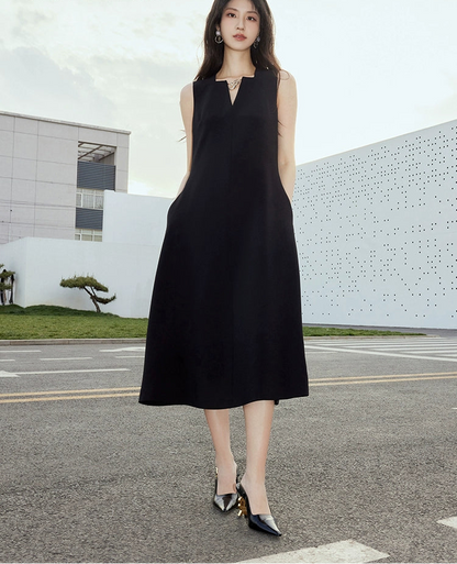 YES BY YESIR | Ye Qians Y-Shaped Metal Snake Accent Deconstructed V-Neck Midi Dress -SABRINA.