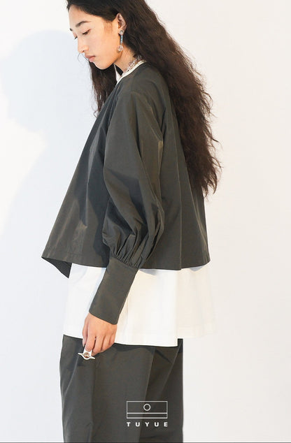 TUYUE Buckle Grey Puff Sleeve Lace-up Crew Neck Top - GRACIE.