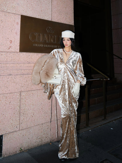 MEI SANGUAN Fur-Collar Jacket & V-Neck Dress- ISAIAH