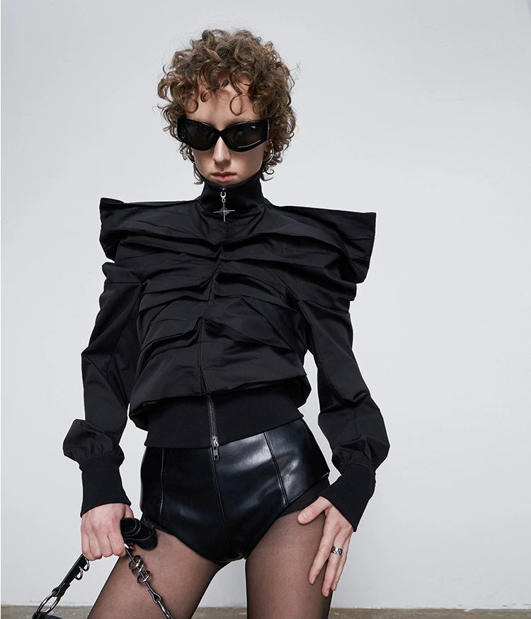 ANNAKIKI black 3D three-dimensional sleeve multi-pleated cropped jacket-JUPITER