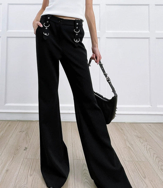 ANNAKIKI Designer Black Buckle Slim Fit Wide-Leg Casual Boot Pants-SAKATA