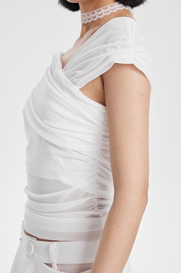 TINY IN short sleeve irregular slim mesh top -ASH