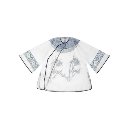 TUYUE Ancient Tailoring Blue and White Porcelain Mesh Top - HOZIER.