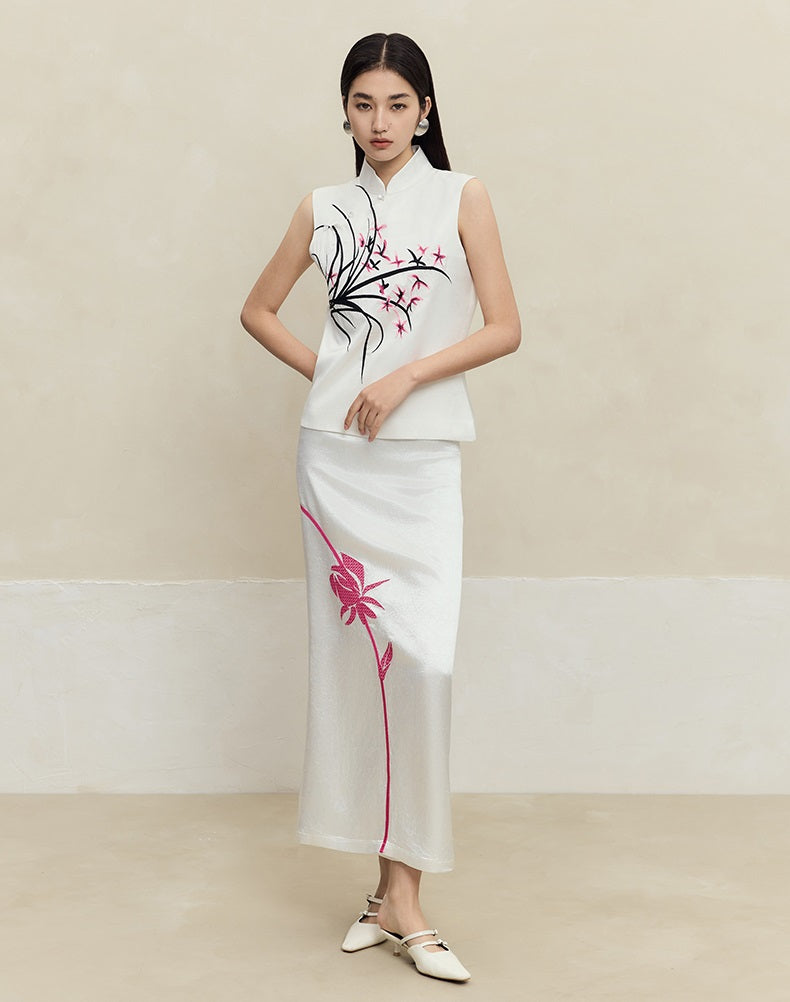 HECO 100% acetate rose embroidery texture black white skirt women - lifted.