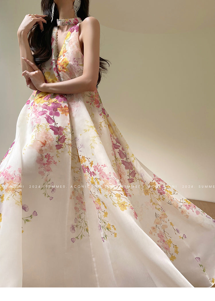 Aconiconi Elegant Japanese Style Printed Long Loose Halter Dress- Daylily and Breeze M / White Aconiconi Elegant Japanese Style Printed Long Loose Halter Dress- Daylily and Breeze M / White