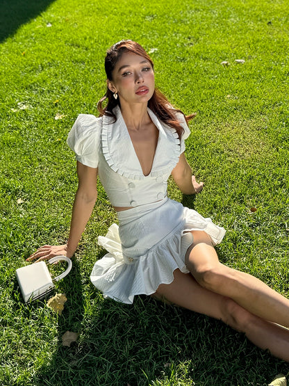 Le Palais Vintage French Girly Pure White Puff Sleeve Short Top and Ruffled Skirt-ASDA.