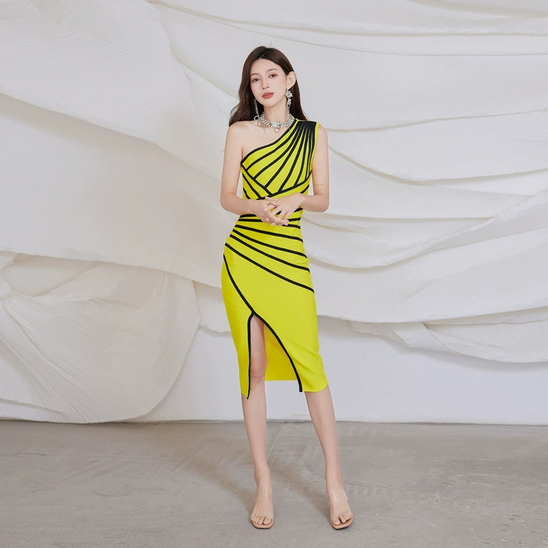 DOLLY Elegant One Shoulder Sleeveless Stripped Slim Fit Slit Dinner Dress-ZEN