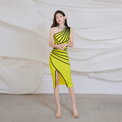 DOLLY Elegant One Shoulder Sleeveless Stripped Slim Fit Slit Dinner Dress-ZEN