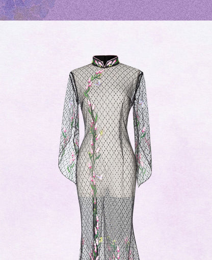 Magic Q embroidery irregular flared sleeves slit fishtail mesh dress - IsliIi
