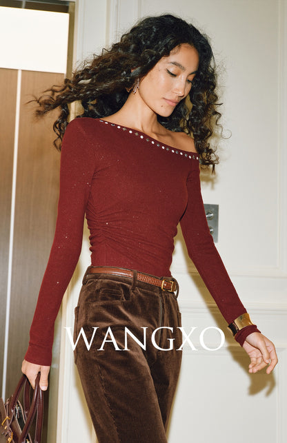 WANGXO |Silver Velvet Knit Slanted Collar Off-Shoulder Waist Top -SENA.