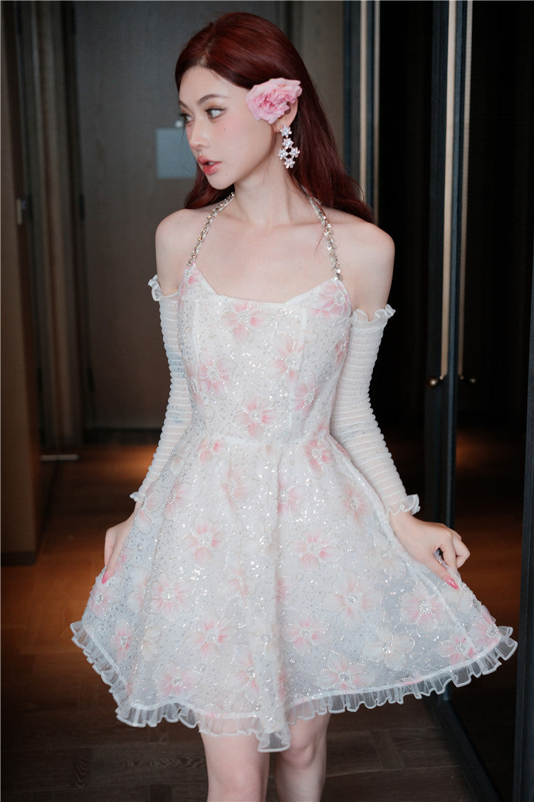 Wardrobes by Chen Elegant Pink Halter Long Sleeve Flower Dinner bridal Dress-Gika