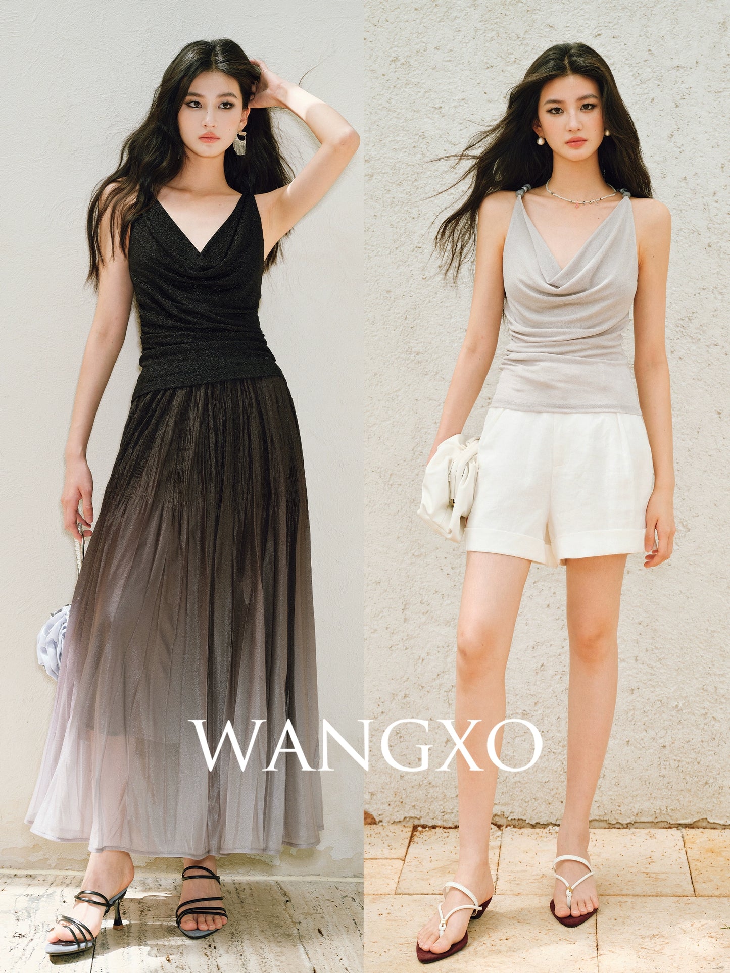 WANGXO | Elegant Swing Neckline Pleated Waist Beaded Camisole Top- SENA