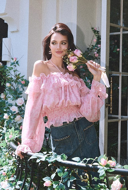 CHICHY French beautiful one-line collar long sleeve super fairy floral shirt-KIM
