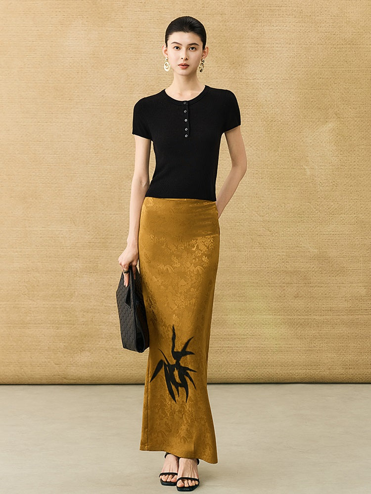 HECO Chinese high-end acetate bamboo feminine temperament printed slit skirt - COLT.