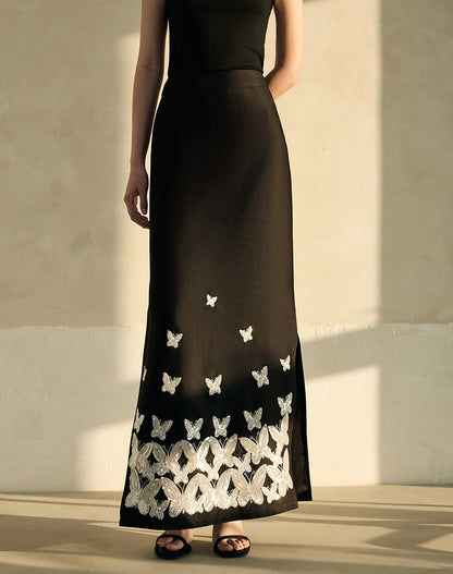 HECO Butterfly Embroidery black white High-waisted Straight Skirt Women - CODE.