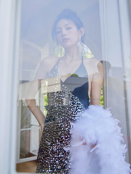 DOLLY Luxury Black Sleeveless Sequin Halter Neck Irregular Hem Sexy Cocktail Dress-ANASTASIA