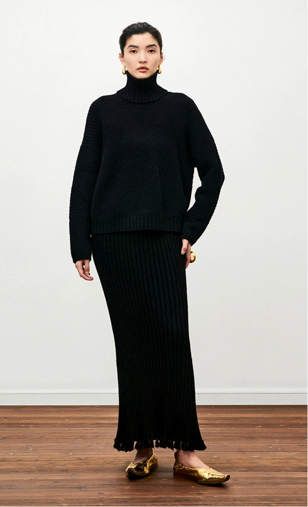 ZHUCHONGYUN sheep wool knitted tassel black textured skirt-NUNA.
