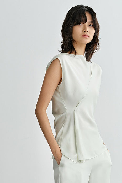 COMME MOI Oblique Shoulder Cutout Acetate Cap Sleeve Green Shirt - SUN.