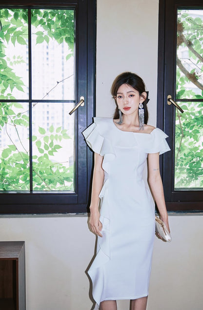 DOLLY High End Purple Ruffled Square Collar Slim Fit Formal Dinner Dress-ANGELIKI