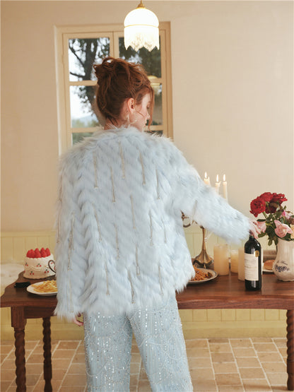 Wardrobes by Chen Luxury Diamond Chain Tassel Fur Coat/Beaded Jumpsuit-Divine