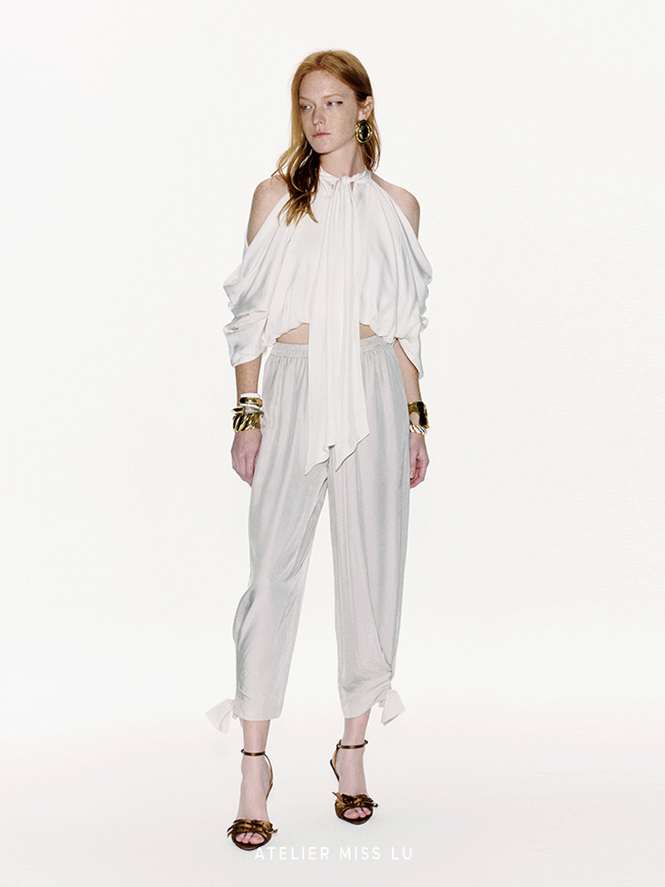 ATELIER MISS LU Bow Embellished Cinched Acetate Tapered Pants - VELVET.