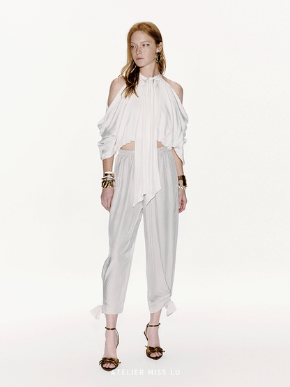 ATELIER MISS LU Bow Embellished Cinched Acetate Tapered Pants - VELVET.