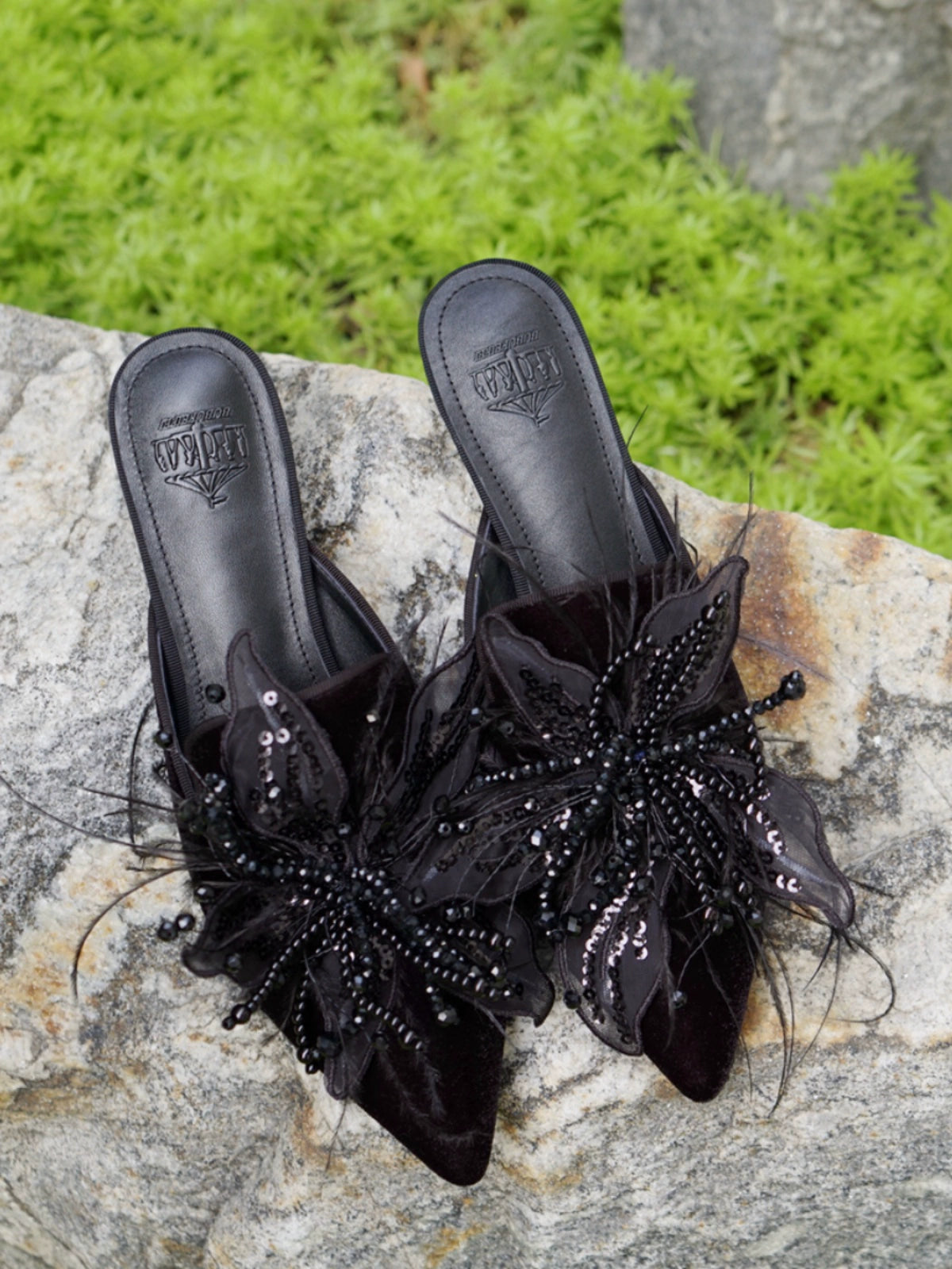 B-FEI kitten heeled niche beaded flower decoration mules-NEULO.