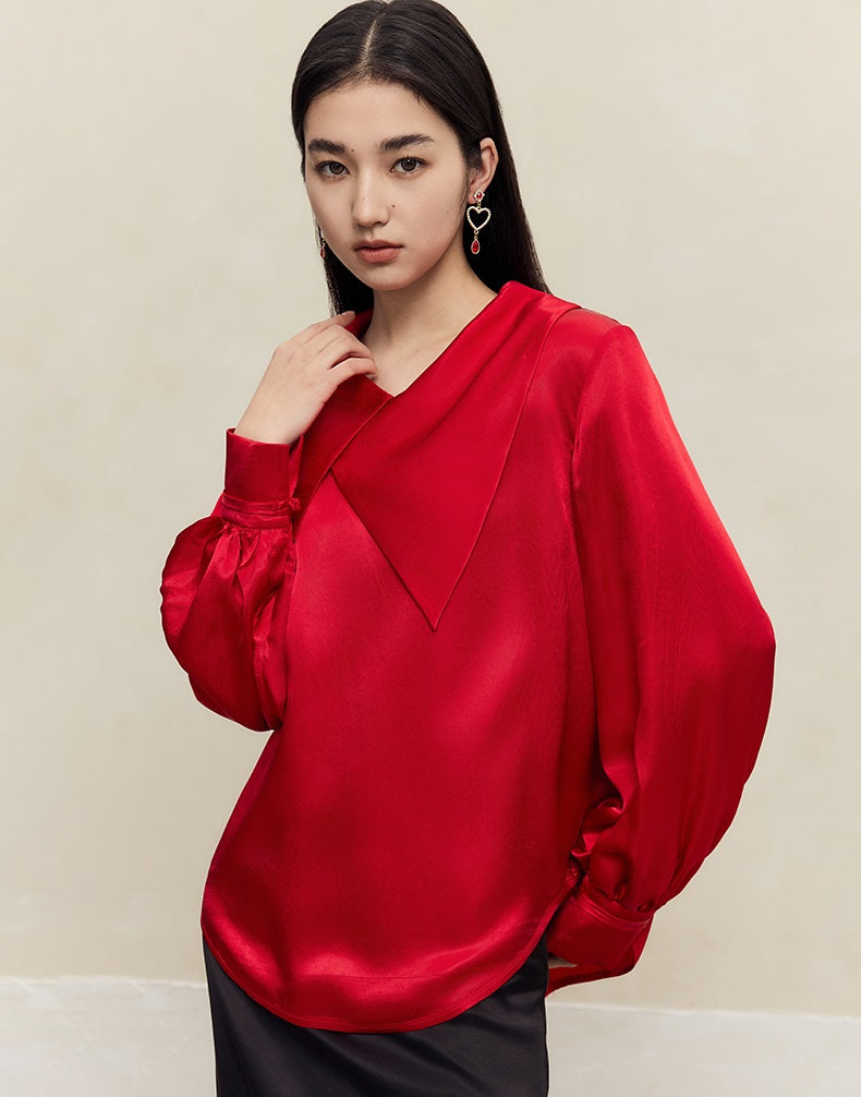 HECO 100% Acetate Long Sleeve red black white Shirt Top Women - glass.