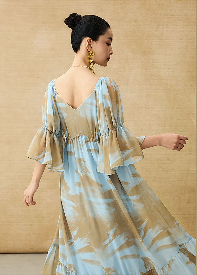 HECO Chinese V-neck wavy sleeve summer big resort dress - AMAZE .