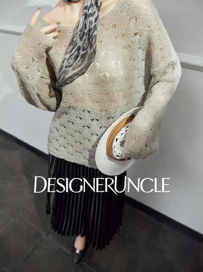 DGU| Gray Slimming Elegant Hollow Design Light Luxury Top Knitwear - Felix.