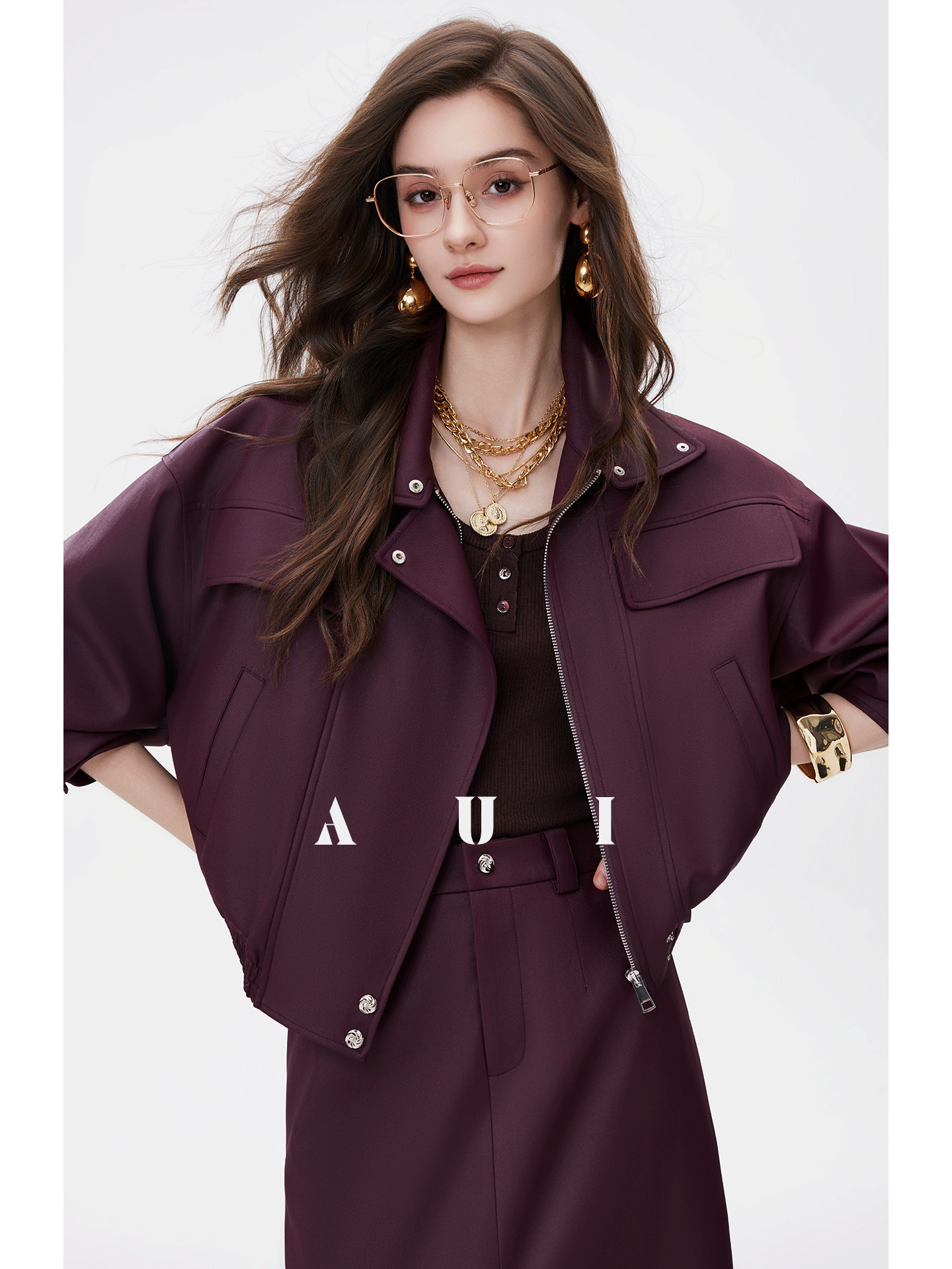 AUI Quiet Luxury Style Stand Collar Jacket Slit A-Line Skirt Two-Piece Set -  Eun Ae!