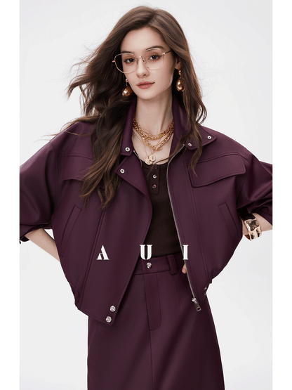 AUI Quiet Luxury Style Stand Collar Jacket Slit A-Line Skirt Two-Piece Set -  Eun Ae!