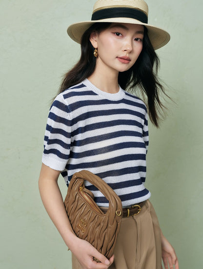 SUSHE light hollow texture striped short-sleeved knit sweater new stretch loose top -BESS