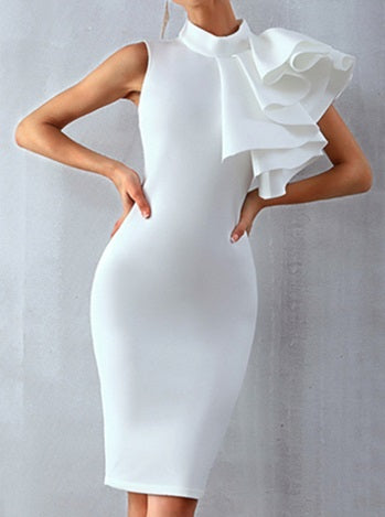 DOLLY High End Retro Style Sleeveless Ruffle Slim Fit Midi Church Dress-RAIN