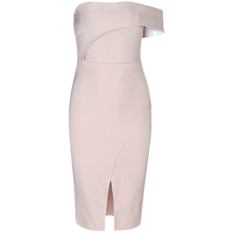 DOLLY Luxury Peach Sleeveless Off Shoulder Knitted Midi Banquet Dress-MANA