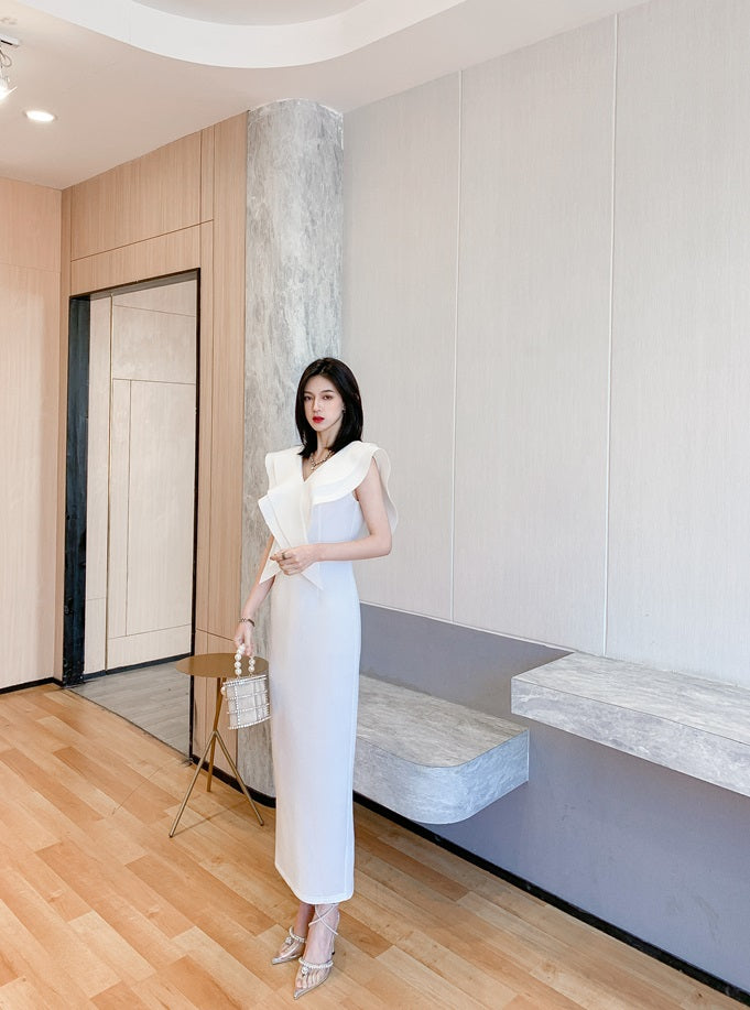 DOLLY Elegant White V-Neck Flying Ruffle Sleeve Slim Fit Long Goddess Dress-CLAUDIA