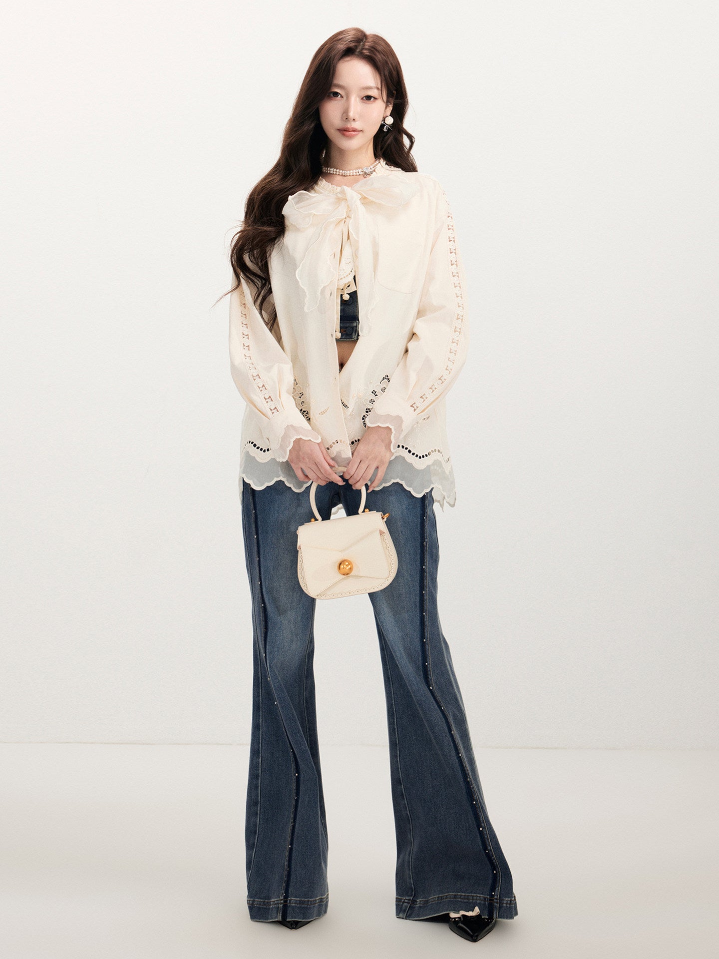 FAME Embroidery Hollow Design Long-Sleeved Casual Shirt
