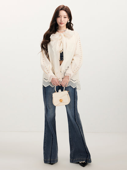 FAME Embroidery Hollow Design Long-Sleeved Casual Shirt