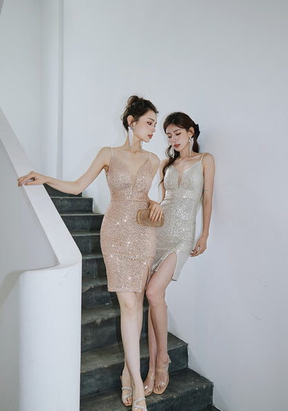 DOLLY Elegant Deep V-Neck Sleeveless Sequin Long Slim Fit Evening Dress-IVONNE