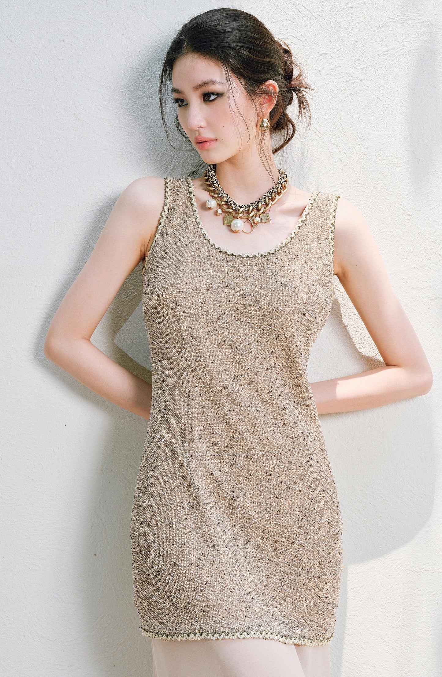 WANGXO | Satin-Stitched Georgette & Stretch Sequin Knit  Suspender Skirt & Vest Skirt Set -LUMA