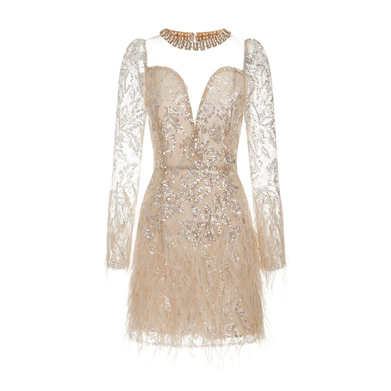 Wardrobes by Chen Elegant Long Sleeve Sequin Feather Party Dress-Daiadem S / Gold Wardrobes by Chen Elegant Long Sleeve Sequin Feather Party Dress-Daiadem S / Gold