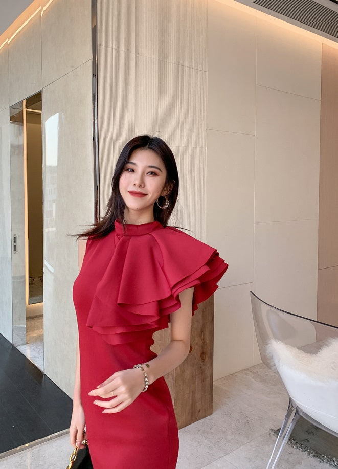 DOLLY High End Retro Style Sleeveless Ruffle Slim Fit Midi Church Dress-RAIN