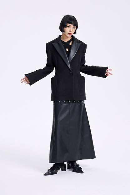 TINY IN High Waist Leather Panelled Fishtail Black Skirt-RIHA