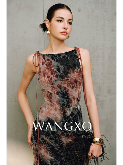 WANGXO | Artistic Ink Smudge Flora Knit Patchwork Contrast Tulle One-Shoulder Fishtail Dress with Flowing Gradient Drama -XINA