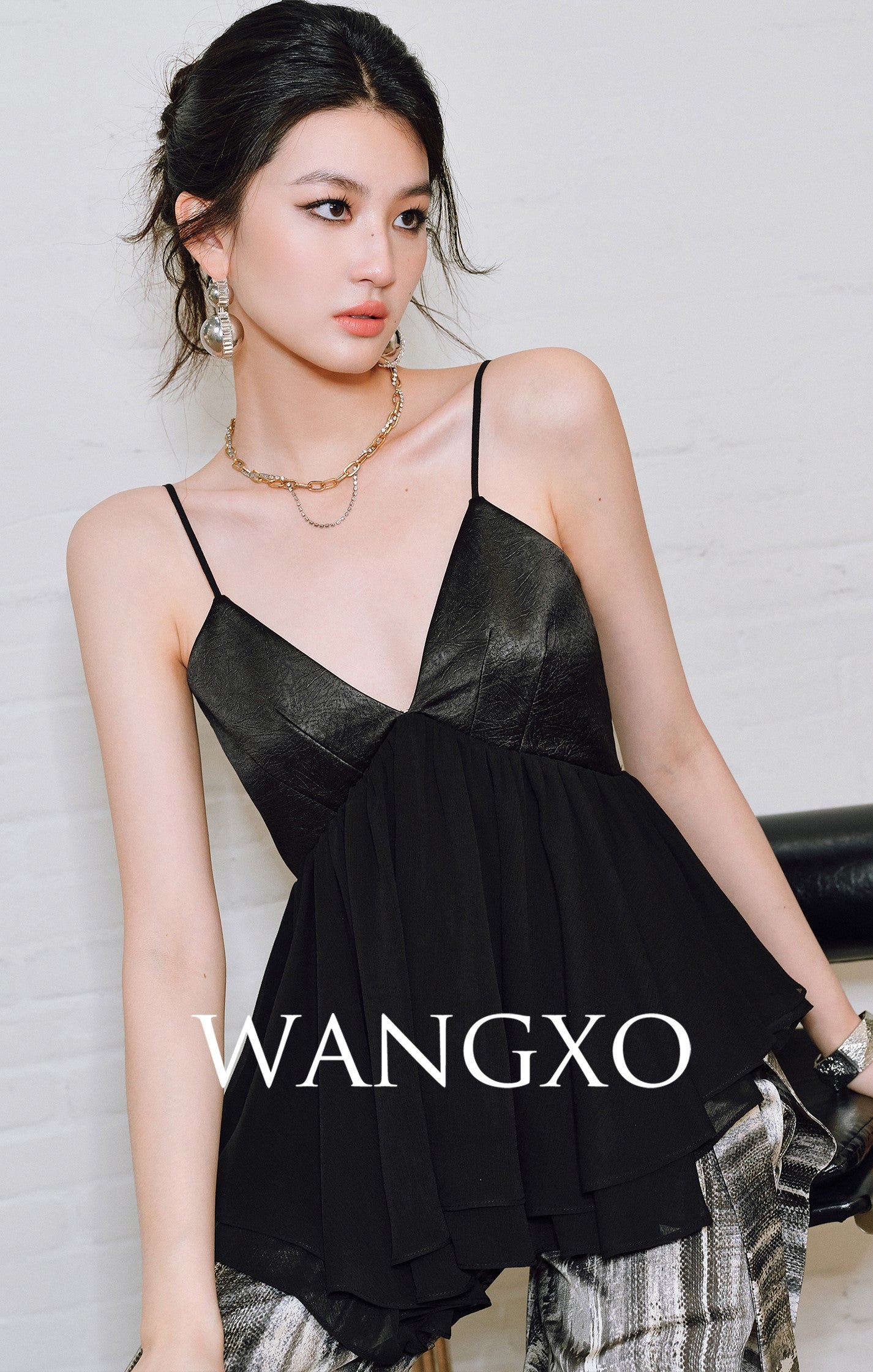 WANGXO | Chiffon Deep V Drawstring Draped Sling Top -MIRABELLE.